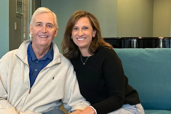 MSK treated Steve Harrold, sitting with his wife, Sara, for throat cancer. 