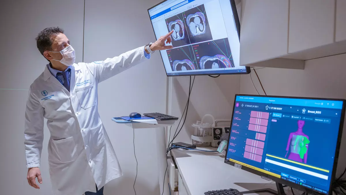 Radiation therapy uses high-energy X-rays to kill cancer cells. We use radiation therapy to treat people for many types of breast cancer.