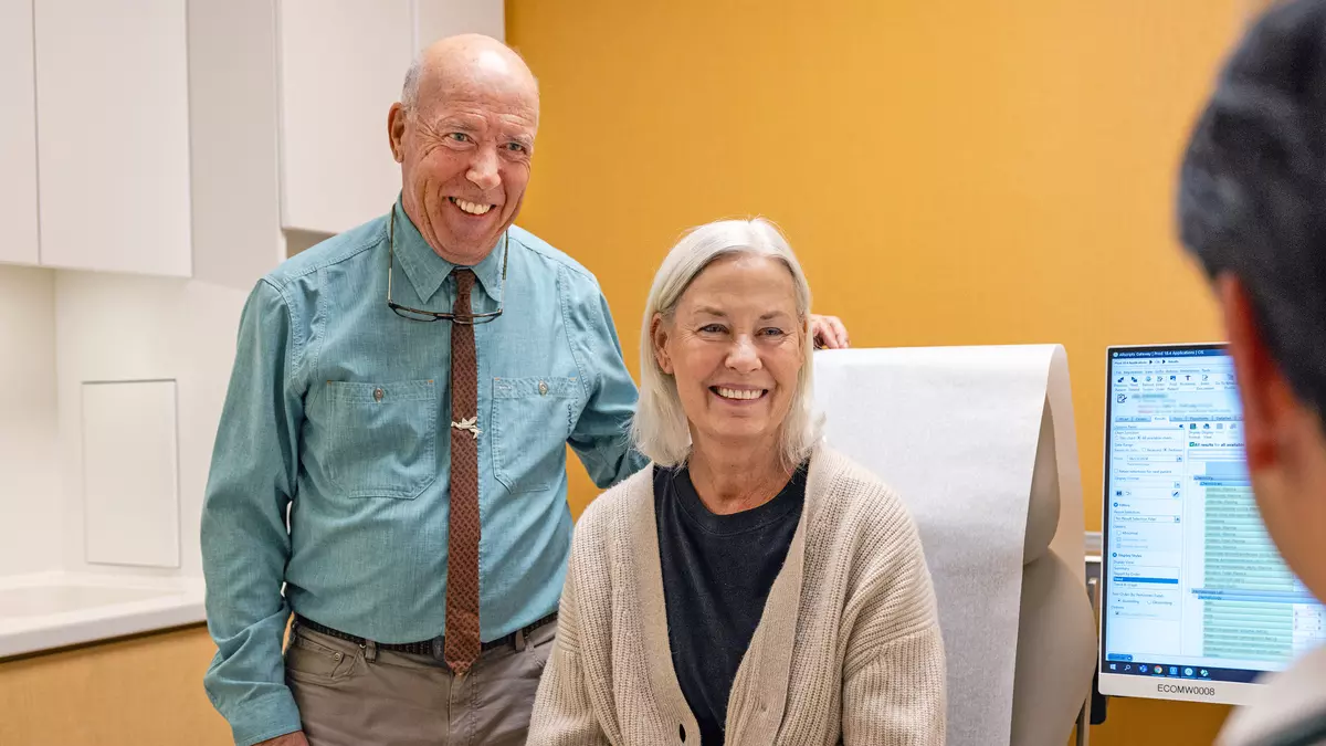 An MSK lung cancer patient in an exam room. 