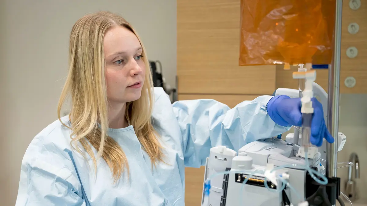 Clinical nurse Megan McCue is at the David H. Koch Center for Cancer Care.